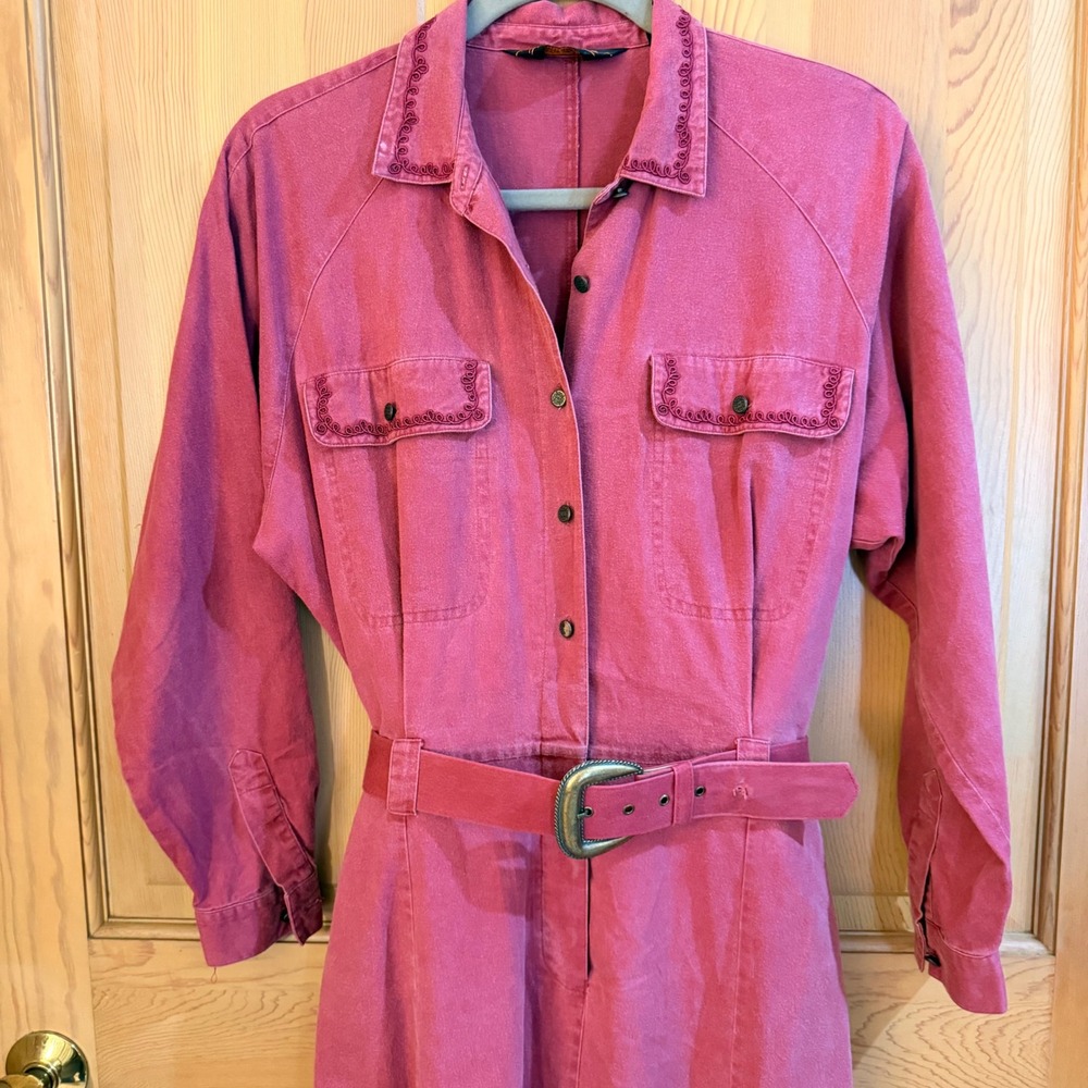 VTG Eddie Bauer Denim Midi Dress MP Pink Embroidered Belt Western Cotton Modest